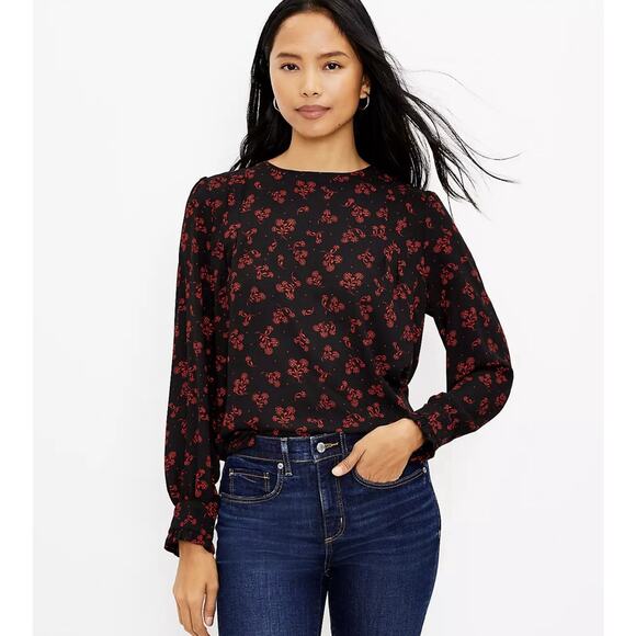LOFT Tops - LOFT Petite Garden Ruffle Cuff Black Red Floral Long Sleeve Top Petite PXS NWT